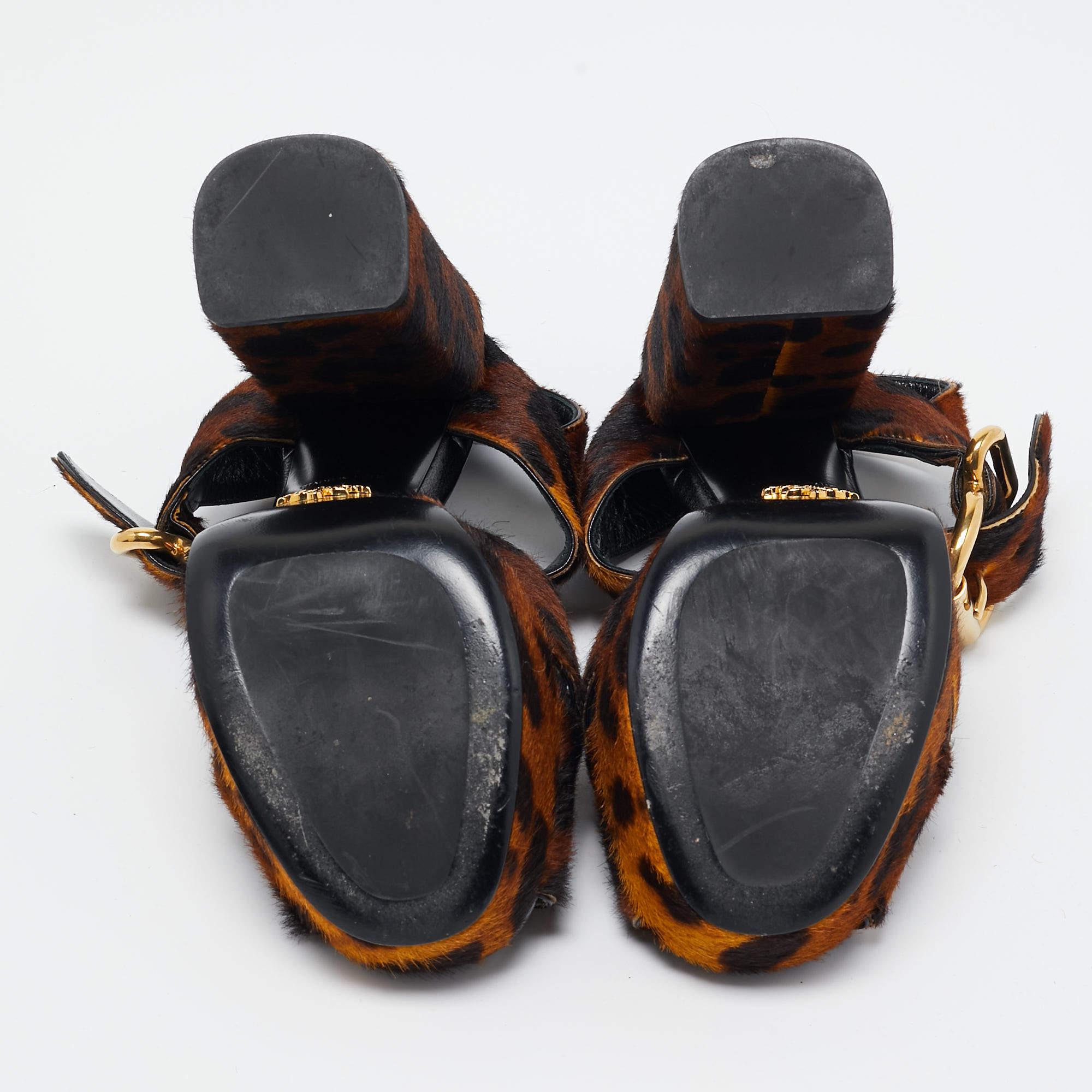 Prada Two Tone Leopard Print Calf Hair Platform Ankle Strap Sandals Size 36 4