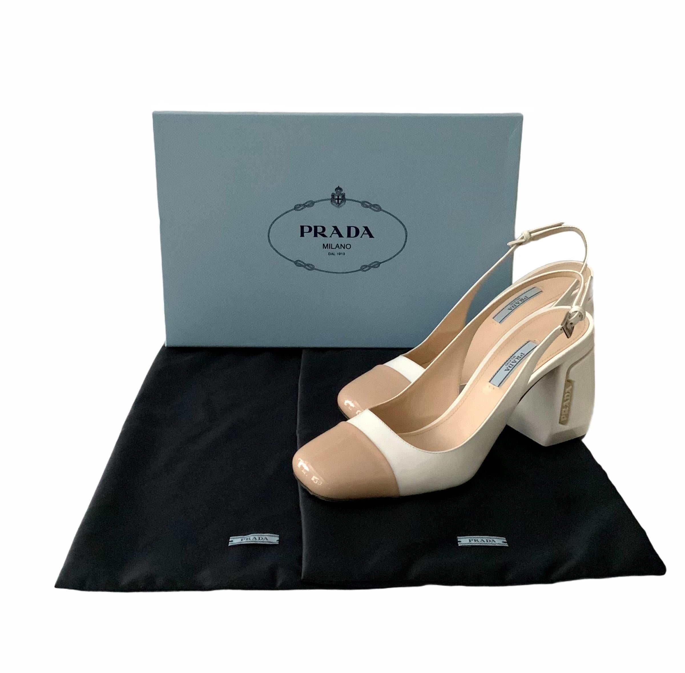 Women's Prada Two Tone Patent Leather Block Heel Slingback Pumps