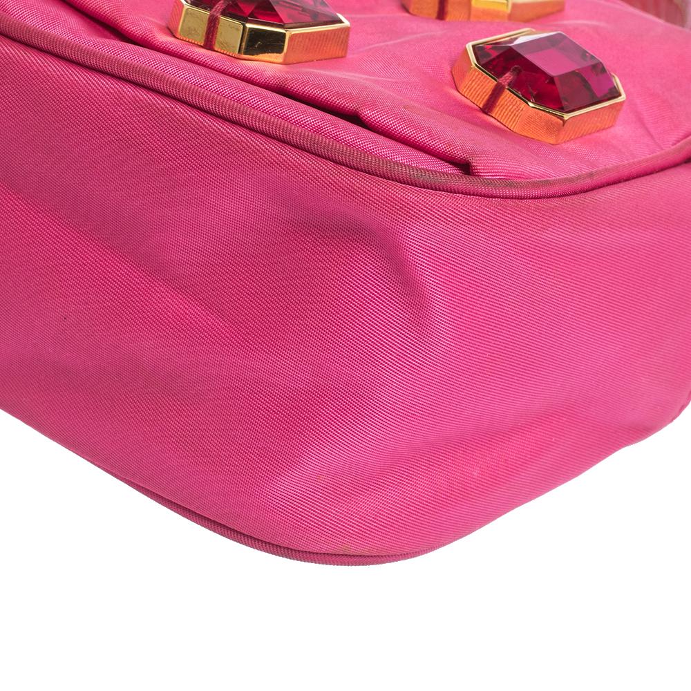 Prada Two Tone Pink Nylon and Patent Leather Jeweled Camera Crossbody Bag In Good Condition For Sale In Dubai, Al Qouz 2