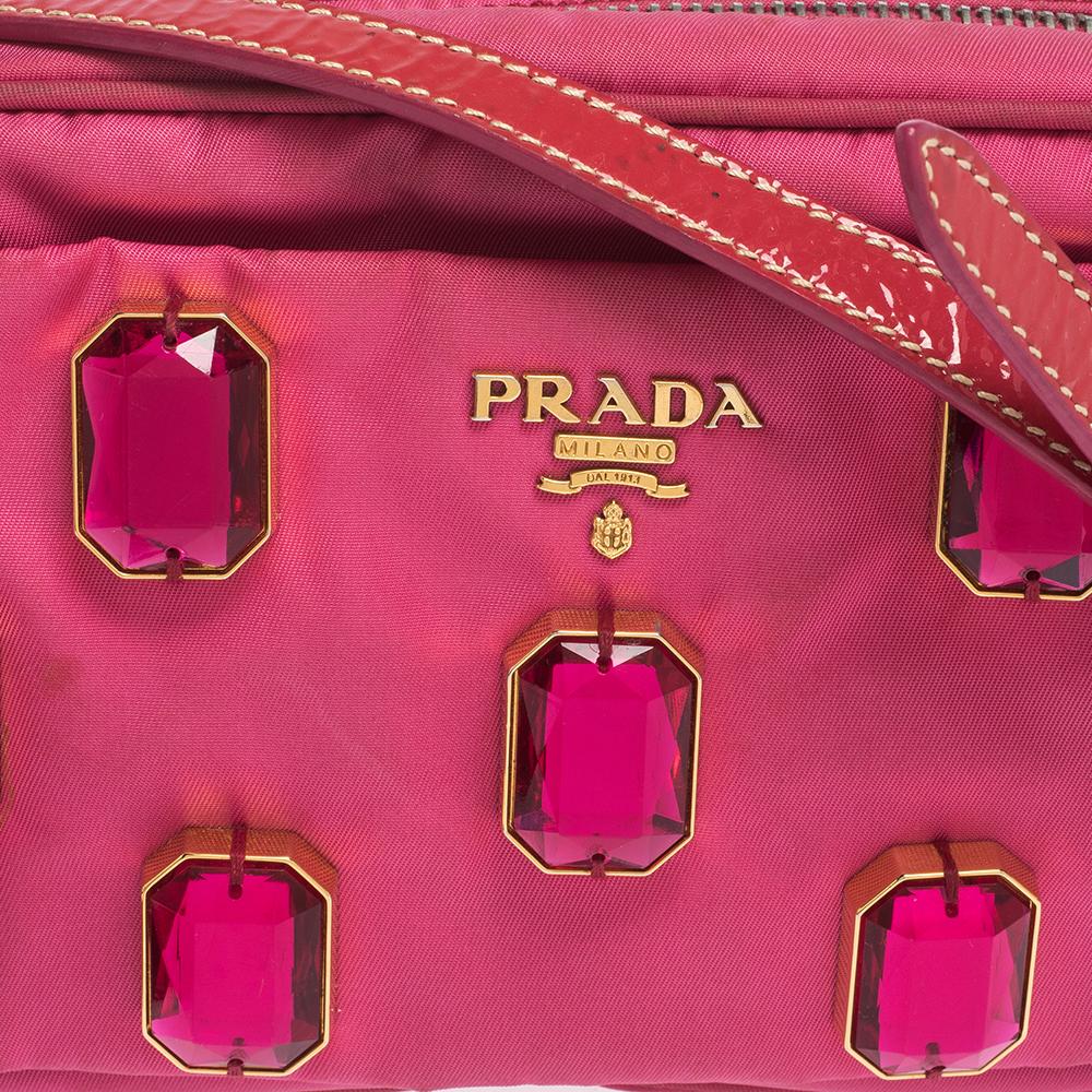 Women's Prada Two Tone Pink Nylon and Patent Leather Jeweled Camera Crossbody Bag For Sale