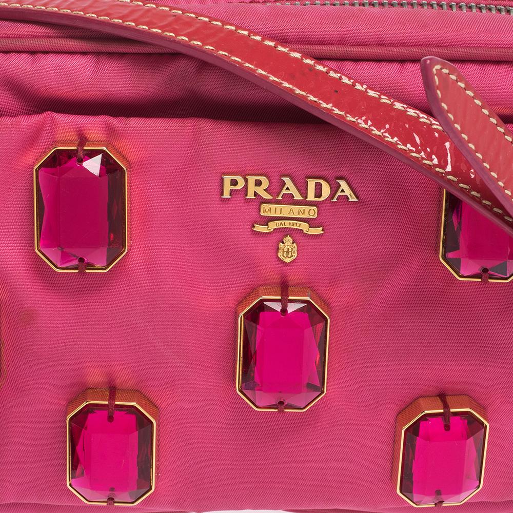 Women's Prada Two Tone Pink Nylon and Patent Leather Jeweled Camera Crossbody Bag