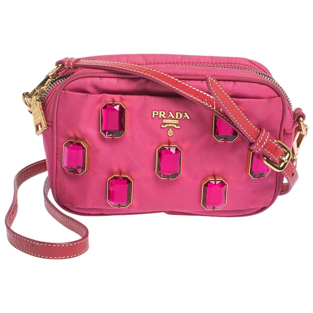 Prada Two Tone Pink Nylon and Patent Leather Jeweled Camera Crossbody Bag