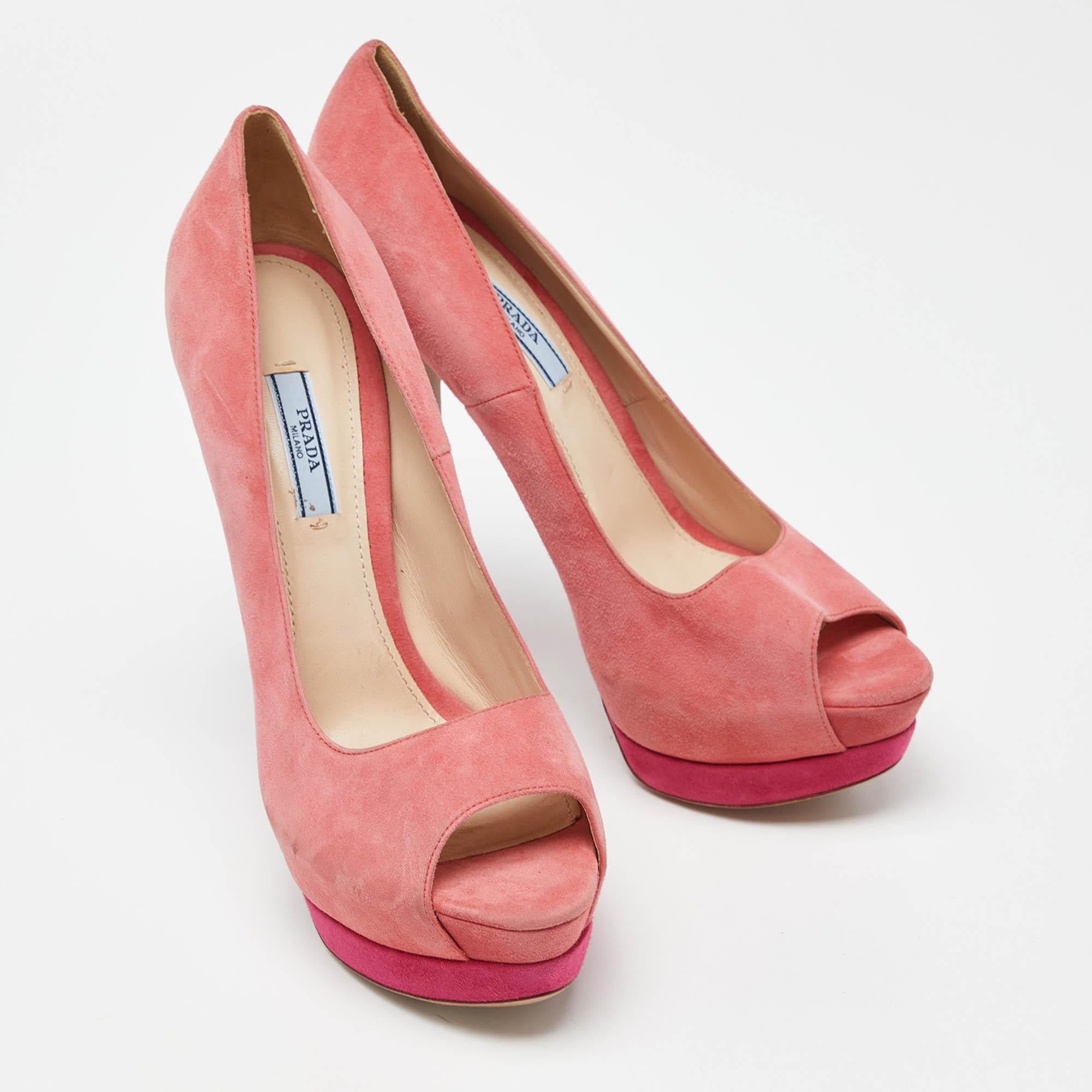 Women's Prada Two Tone Pink Suede Peep Toe Platform Pumps Size 41