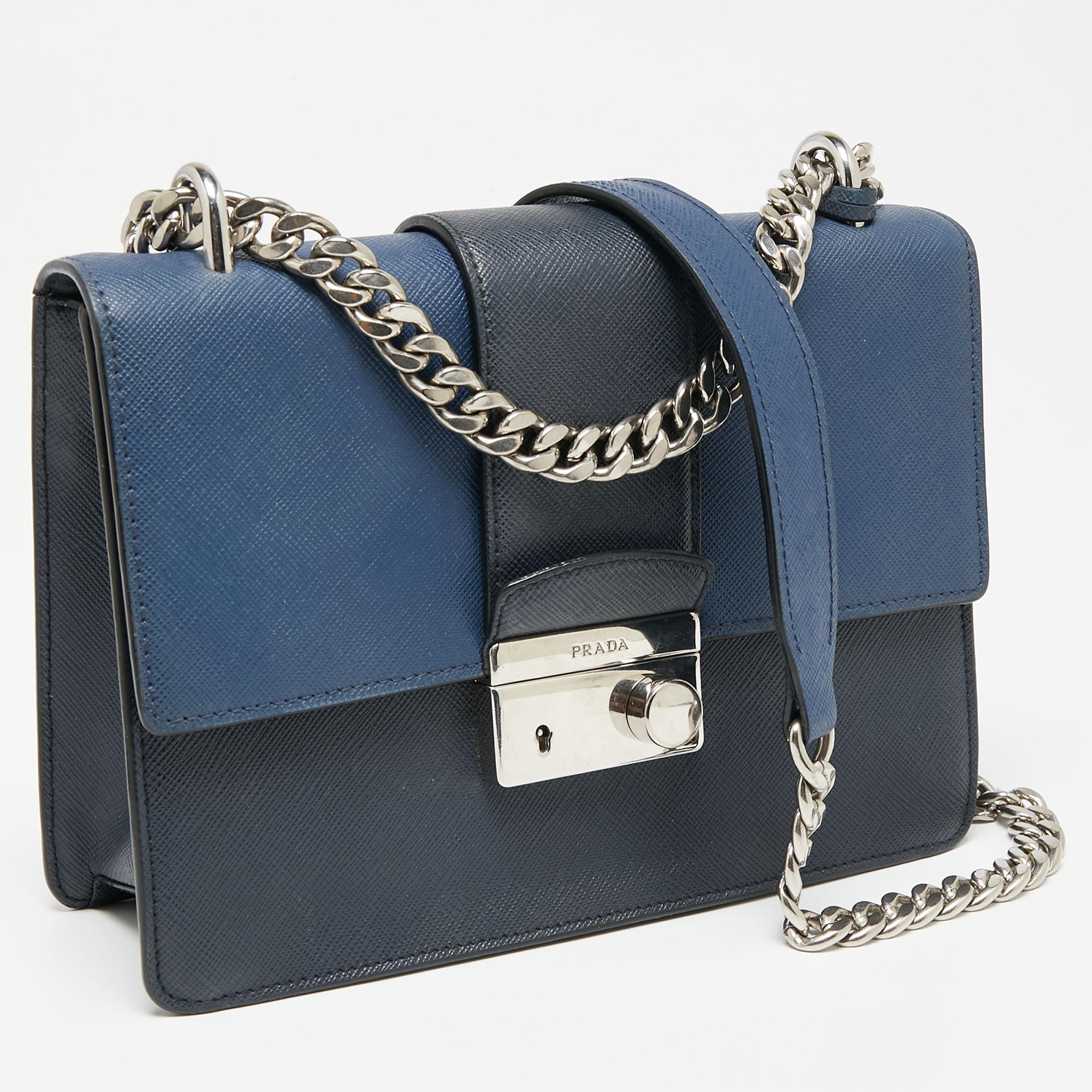 Prada Two-Tone Saffiano Leather Small Sound Flap Chain Shoulder Bag For  Sale at 1stDibs