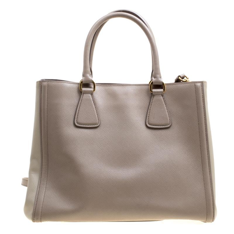 Brown Prada Two Tone Taupe Saffiano Lux Leather Shopper Tote