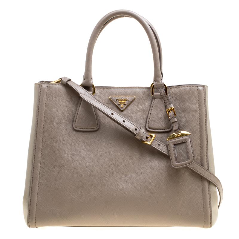 Prada Two Tone Taupe Saffiano Lux Leather Shopper Tote