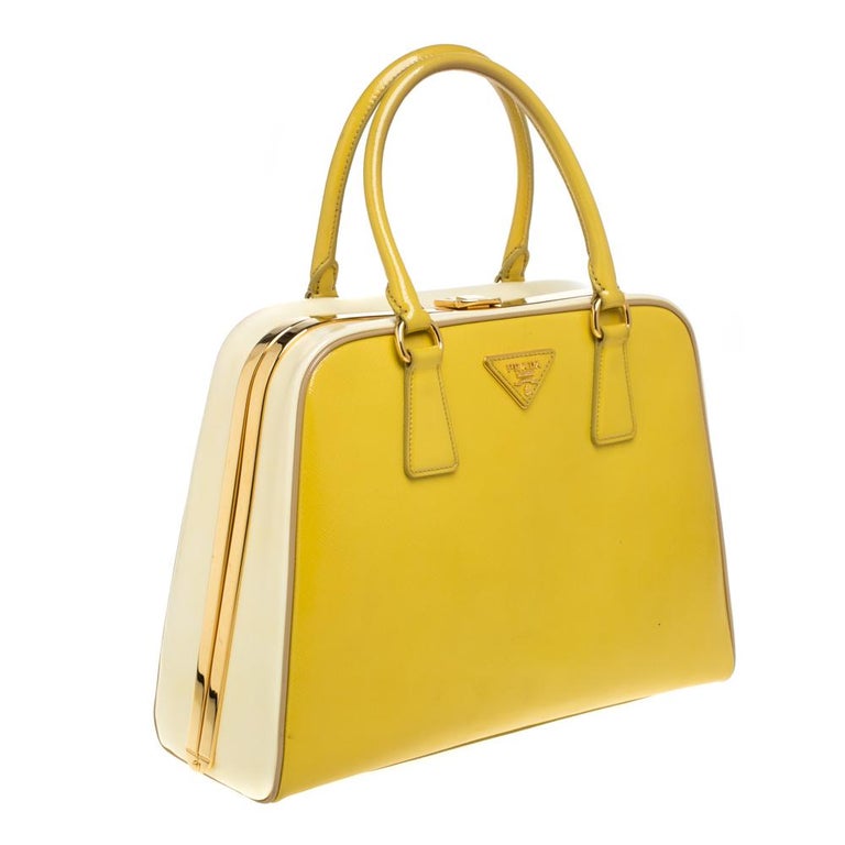 Prada Two Tone Yellow Saffiano Vernice Leather Pyramid Frame
