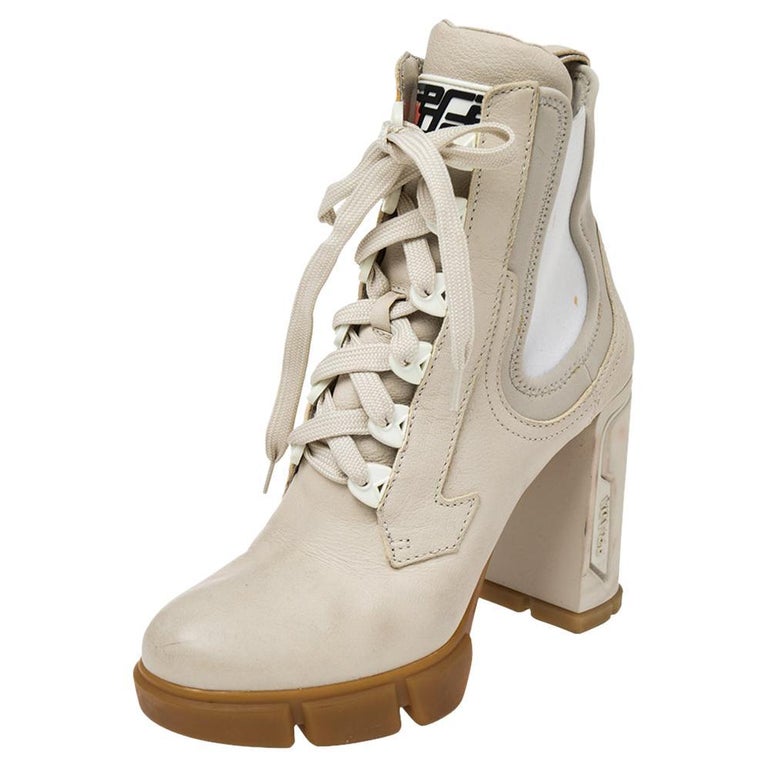 Prada Vanilla Leather and Neoprene Lace Up Combat Platform Boots Size 39 at  1stDibs