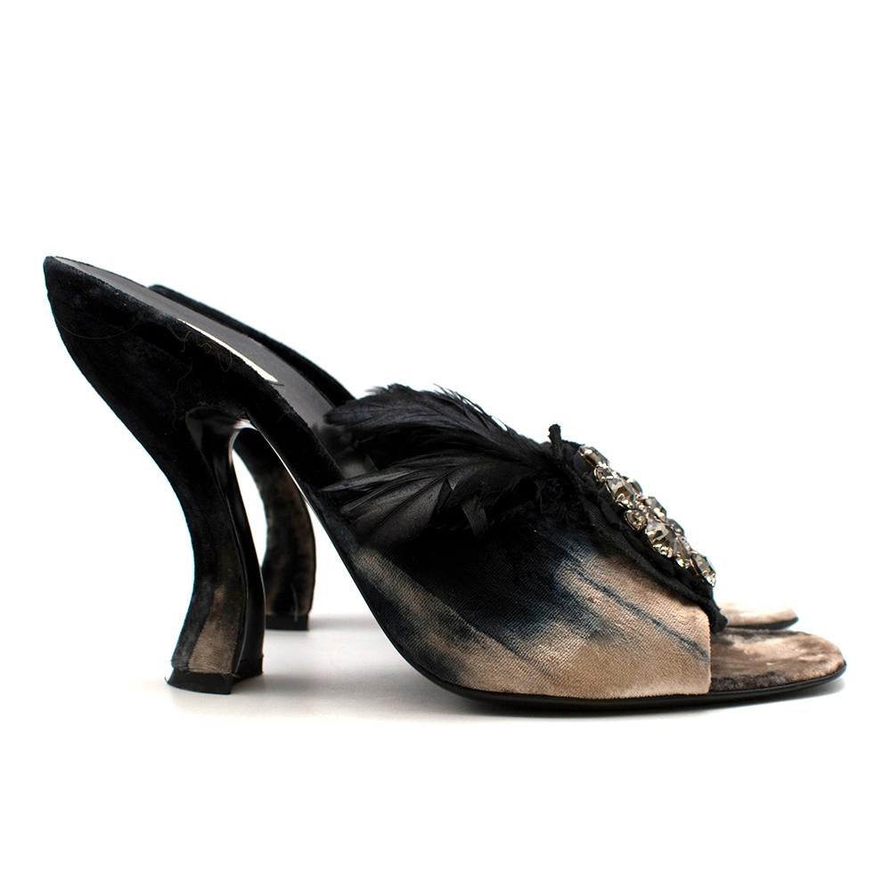 Prada Velvet Jewel Sandals 39.5

- Embellished jewels and feather detailing on the front 
- Tonal fade on the velvet with a two-way texture in cream, blue and black
- Squared almond toes
- Chunky curvy heel with a wide base
- Leather sole
- Slip on