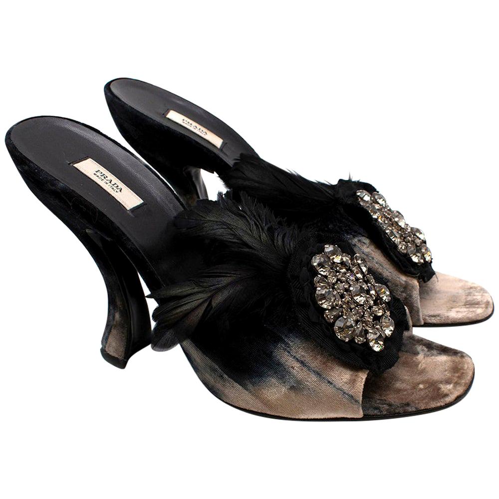 Prada Velvet Jewelled Feather Trim Sandals - Size EU 39.5 For Sale