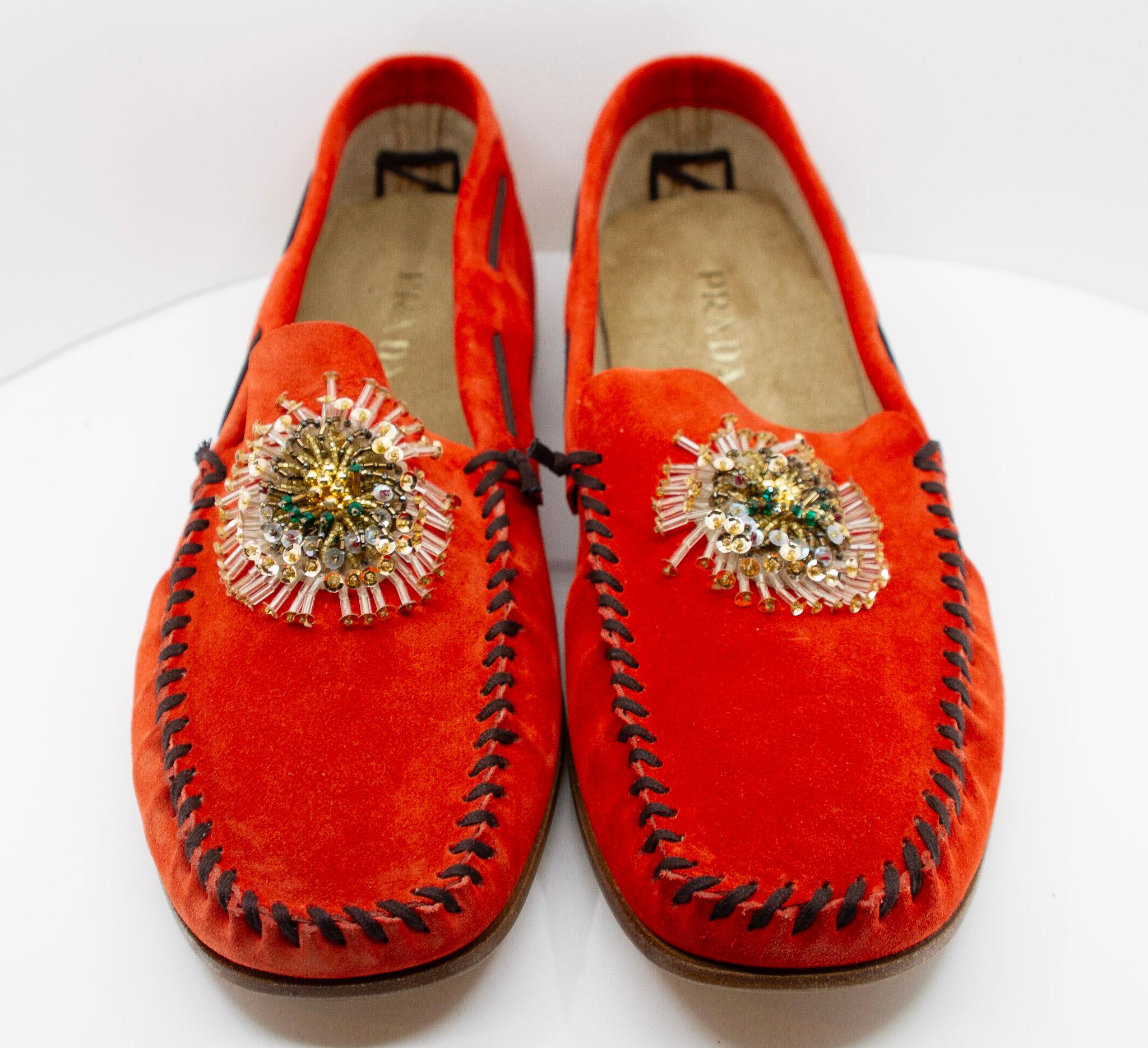 Red Prada Vermillion Suede Loafers with Beaded Detail and Leather Soles  For Sale