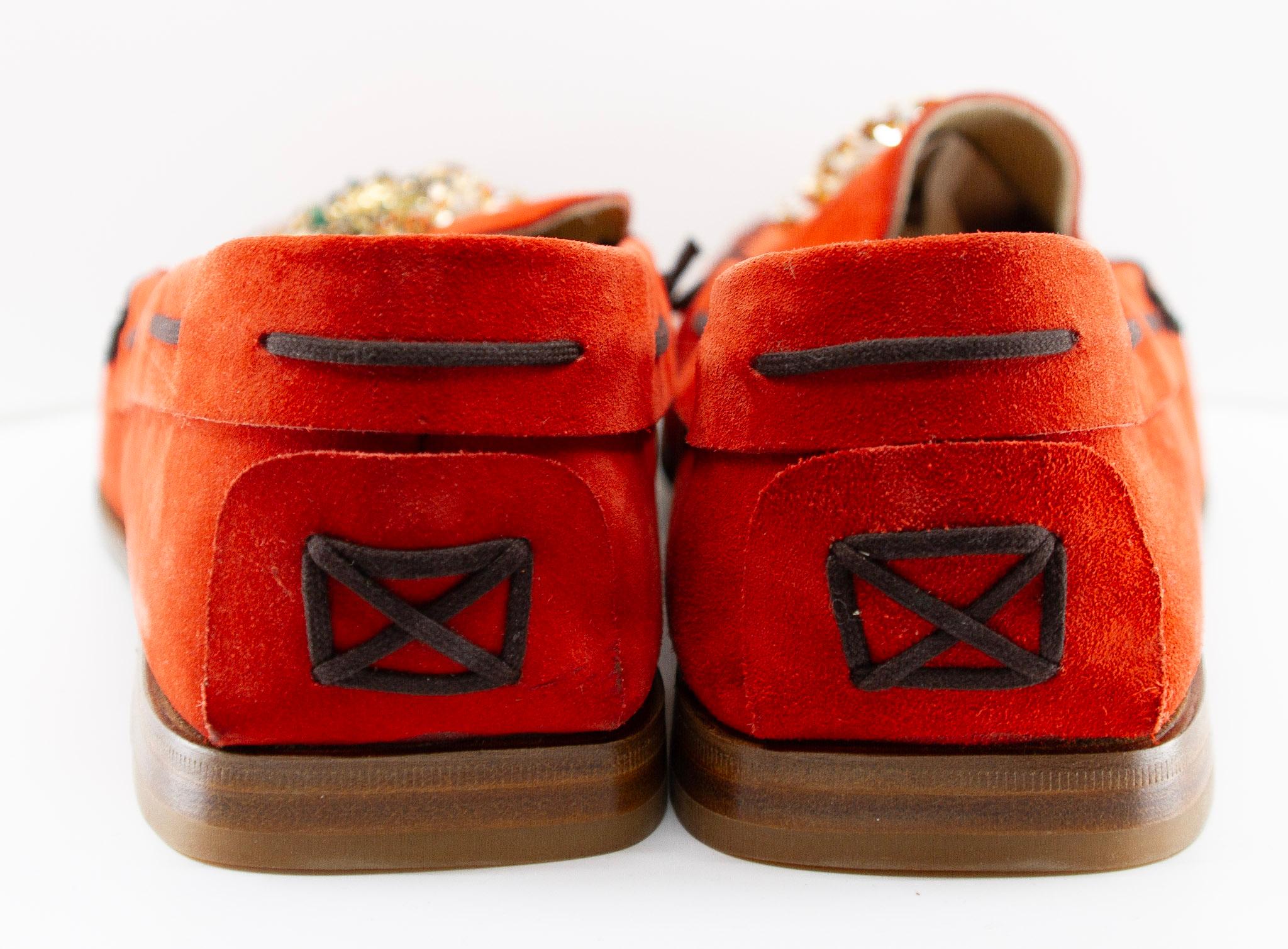 Prada Vermillion Suede Loafers with Beaded Detail and Leather Soles  In Excellent Condition For Sale In Kingston, NY