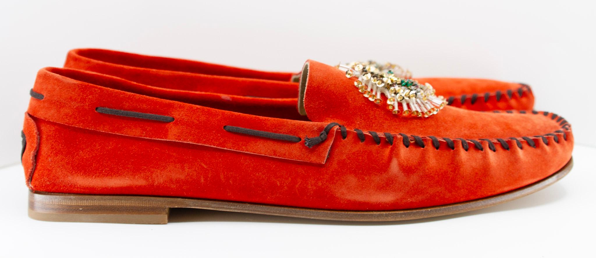 Women's or Men's Prada Vermillion Suede Loafers with Beaded Detail and Leather Soles  For Sale