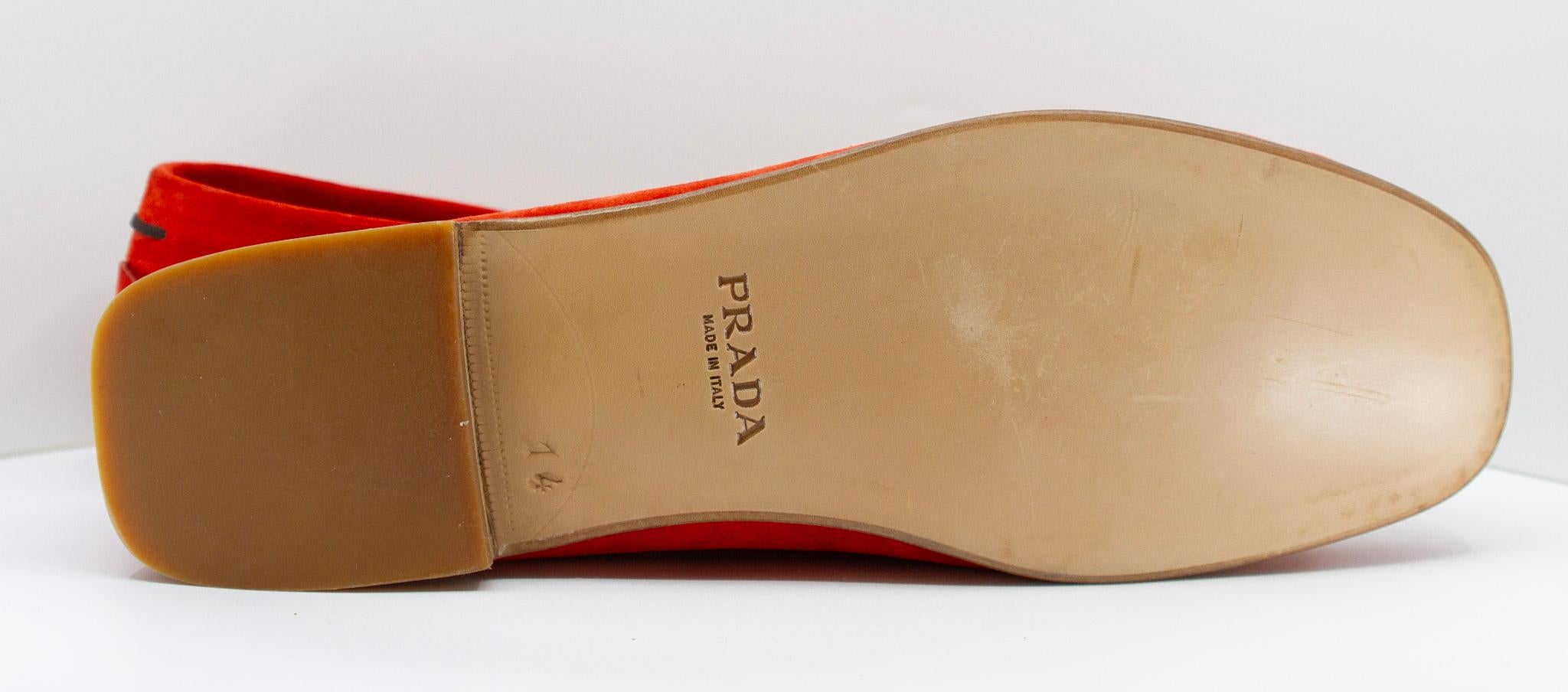 Prada Vermillion Suede Loafers with Beaded Detail and Leather Soles  For Sale 1