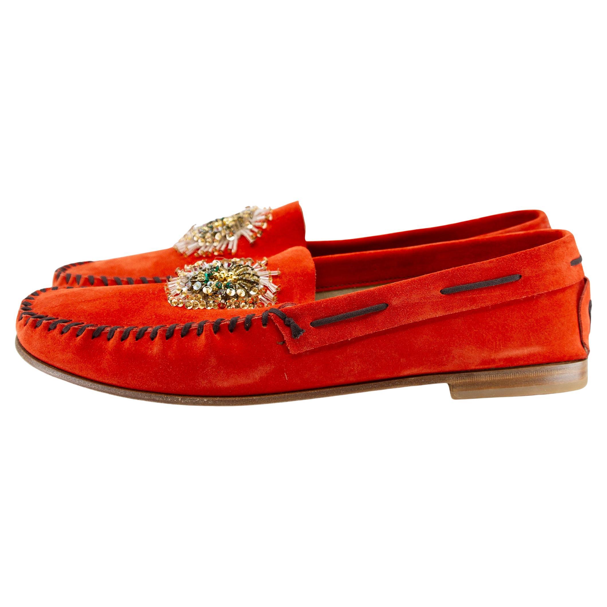 Prada Vermillion Suede Loafers with Beaded Detail and Leather Soles  For Sale