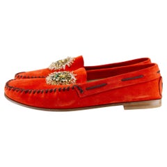 Prada Vermillion Suede Loafers with Beaded Detail and Leather Soles 