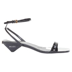PRADA Vernice black patent leather white triangle logo kitten heel sandals EU39