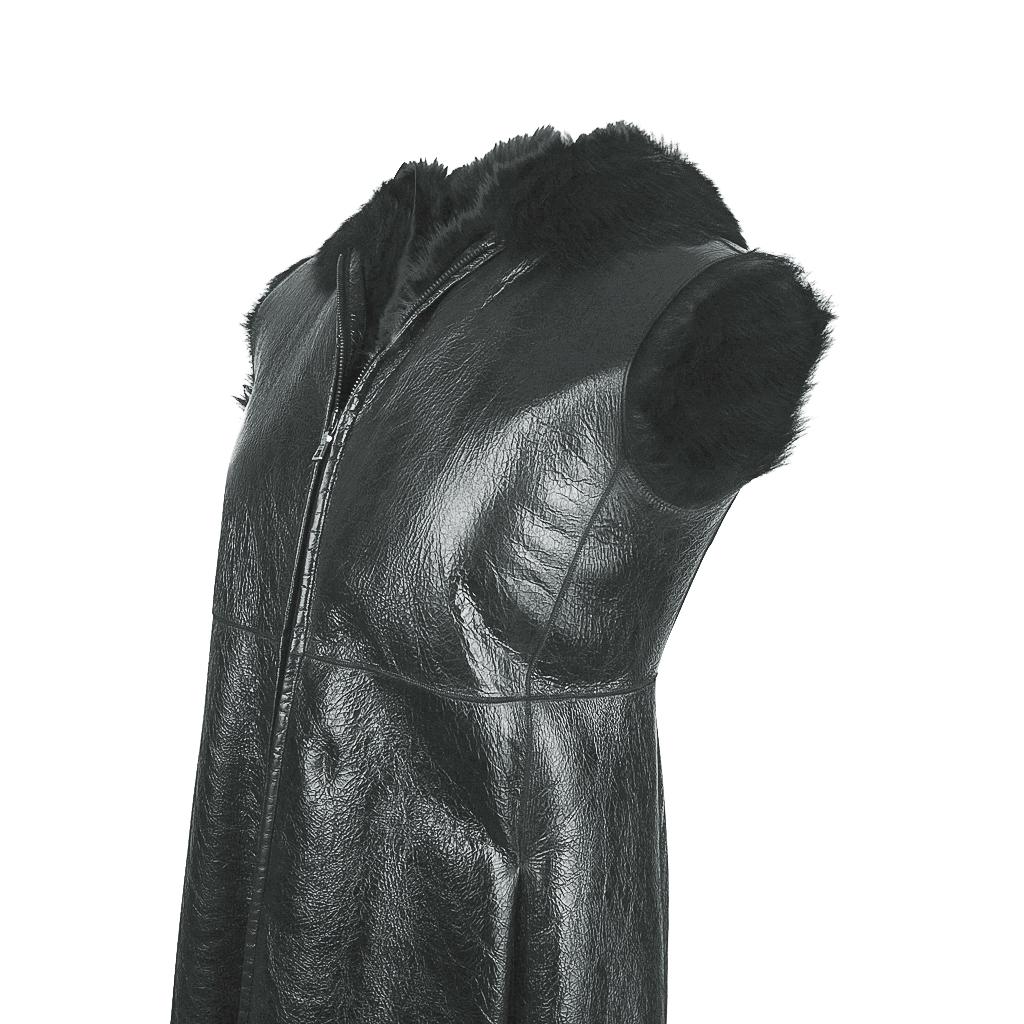Black Prada Shearling Patent Leather Vest Knee Length 42 / 8 For Sale