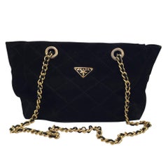 Prada VIintage 1990 Black Suede and gold metal chain tote Bag