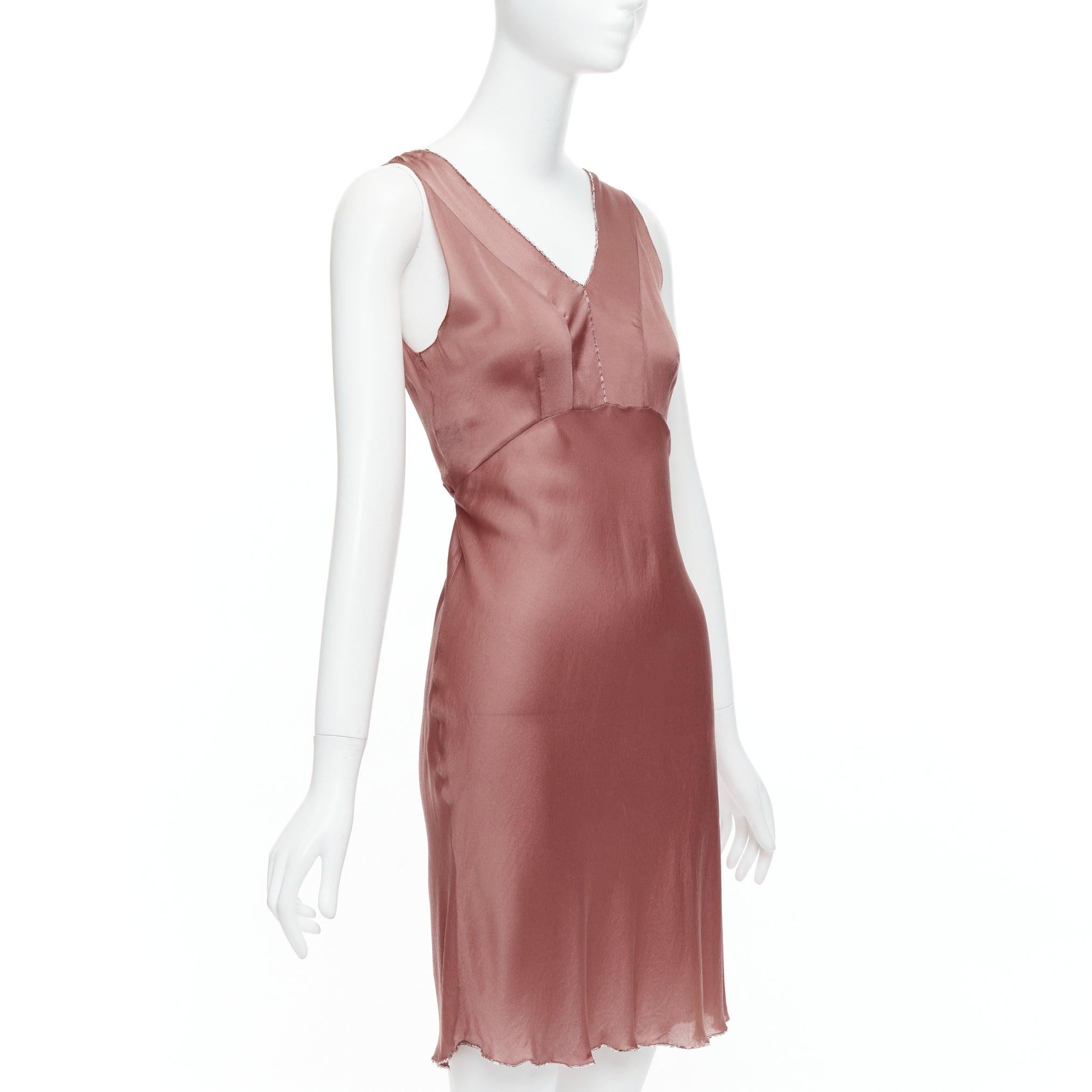 PRADA Vintage 100% silk blush pink beaded trim V neck slip dress IT42 M In Fair Condition In Hong Kong, NT
