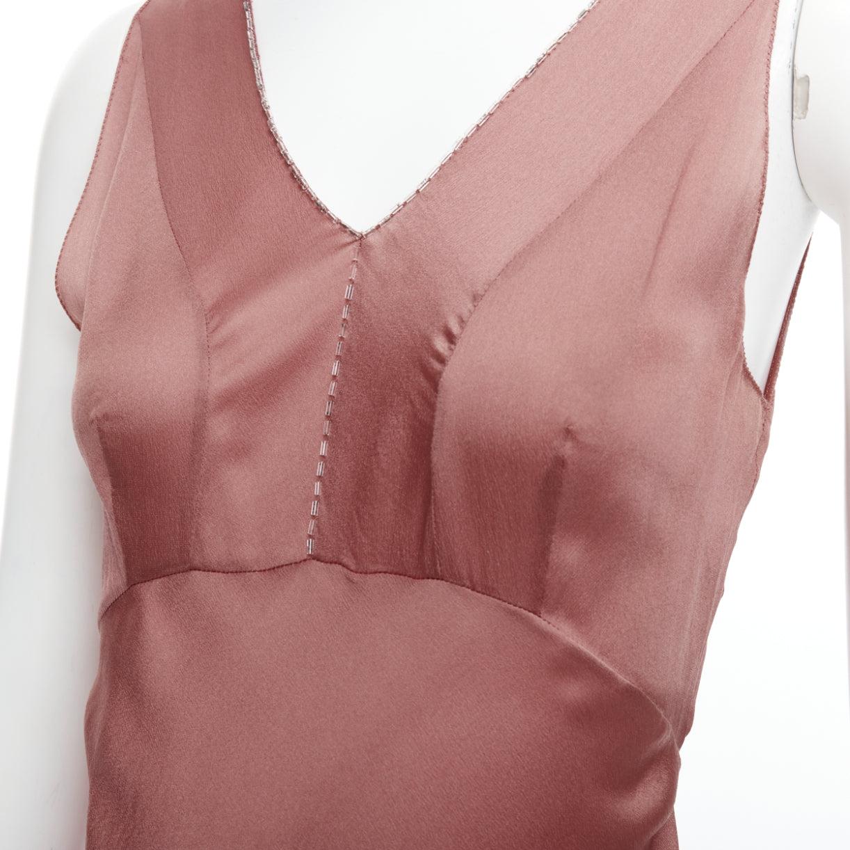 PRADA Vintage 100% silk blush pink beaded trim V neck slip dress IT42 M 3
