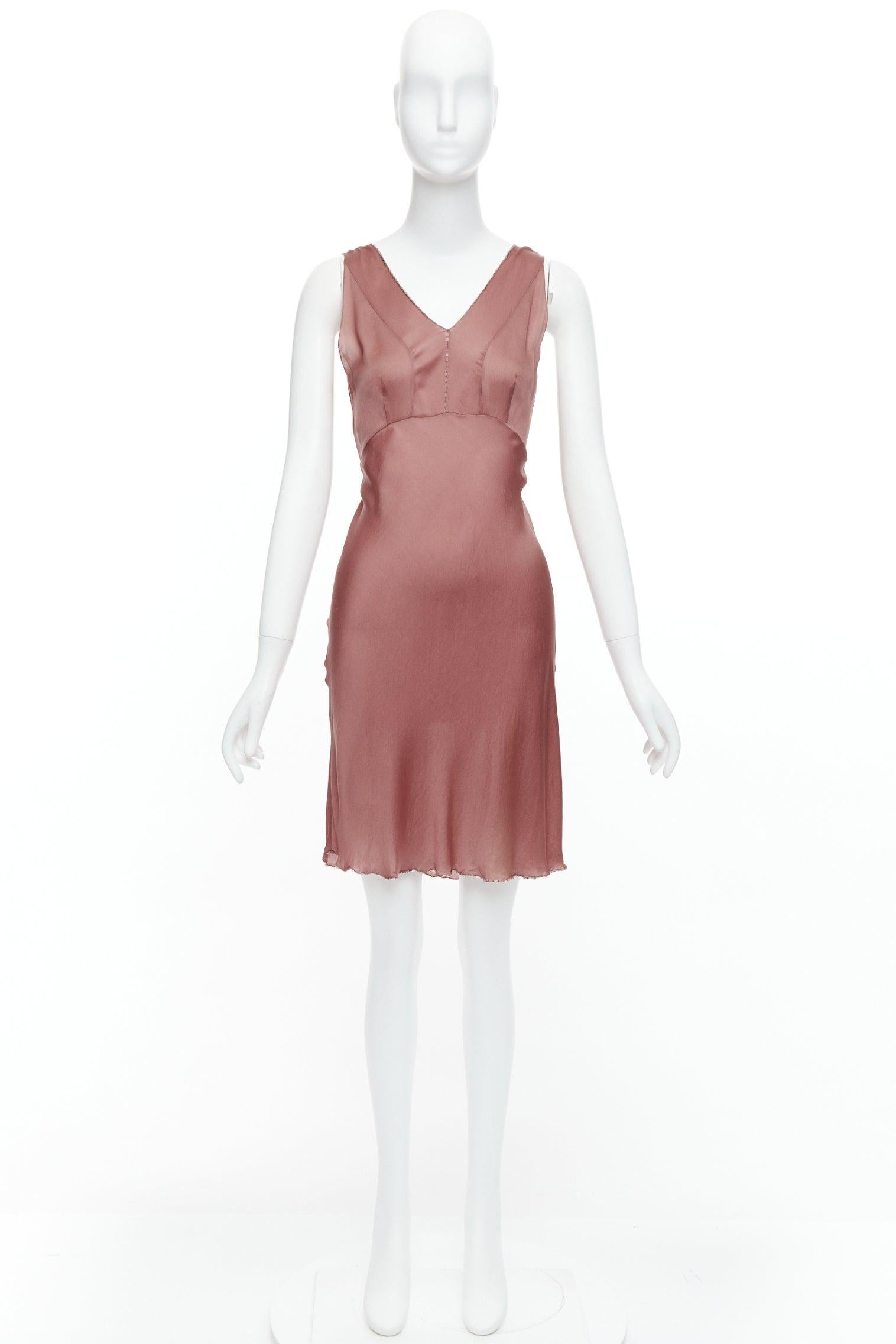 PRADA Vintage 100% silk blush pink beaded trim V neck slip dress IT42 M 5