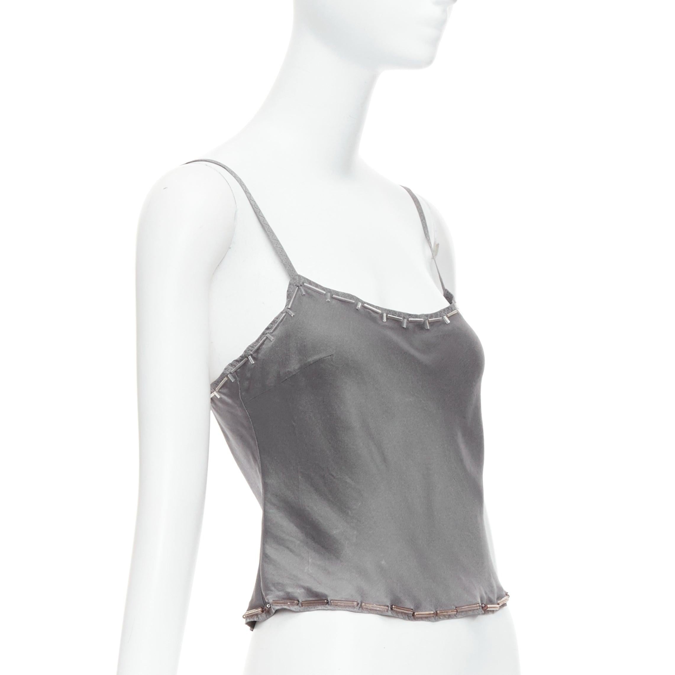 Gray PRADA Vintage 100% silk grey clear long bead embellished camisole top IT38 XS For Sale