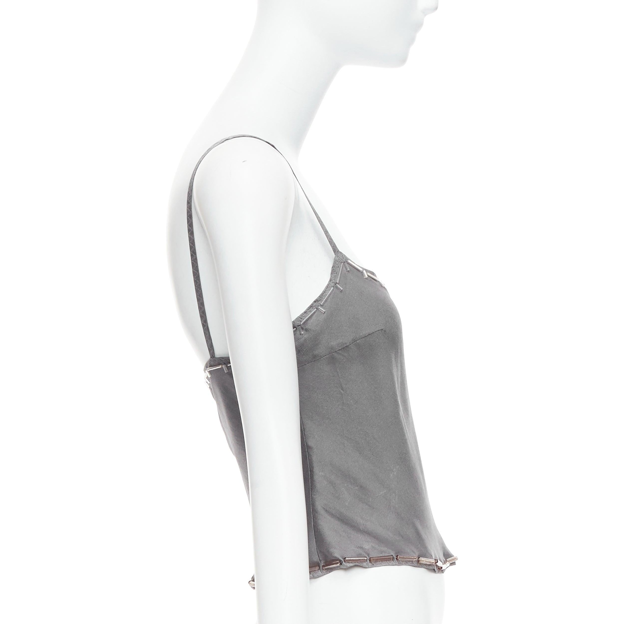 PRADA Vintage 100% silk grey clear long bead embellished camisole top IT38 XS In Good Condition For Sale In Hong Kong, NT