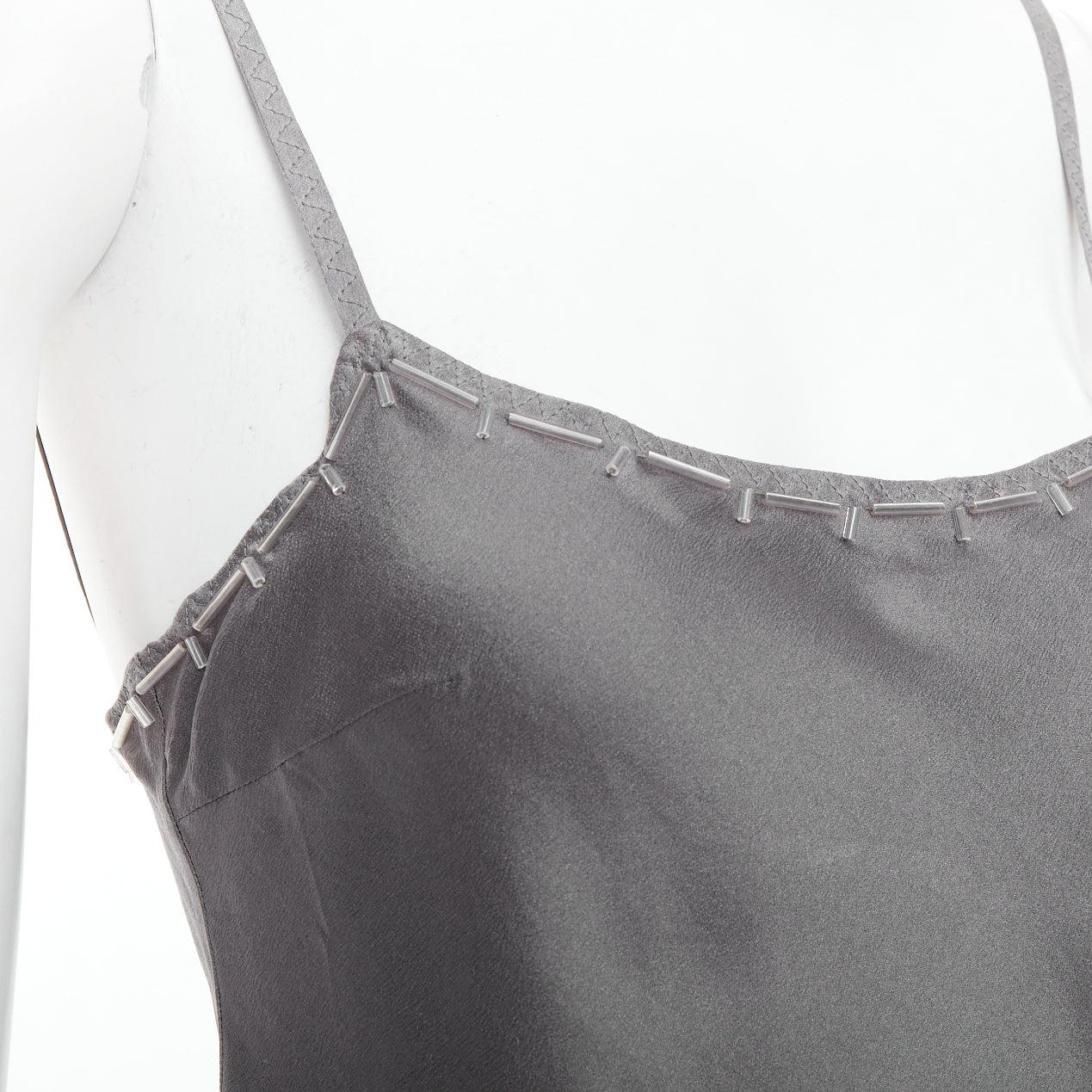 PRADA Vintage 100% silk grey clear long bead embellished camisole top IT38 XS For Sale 2