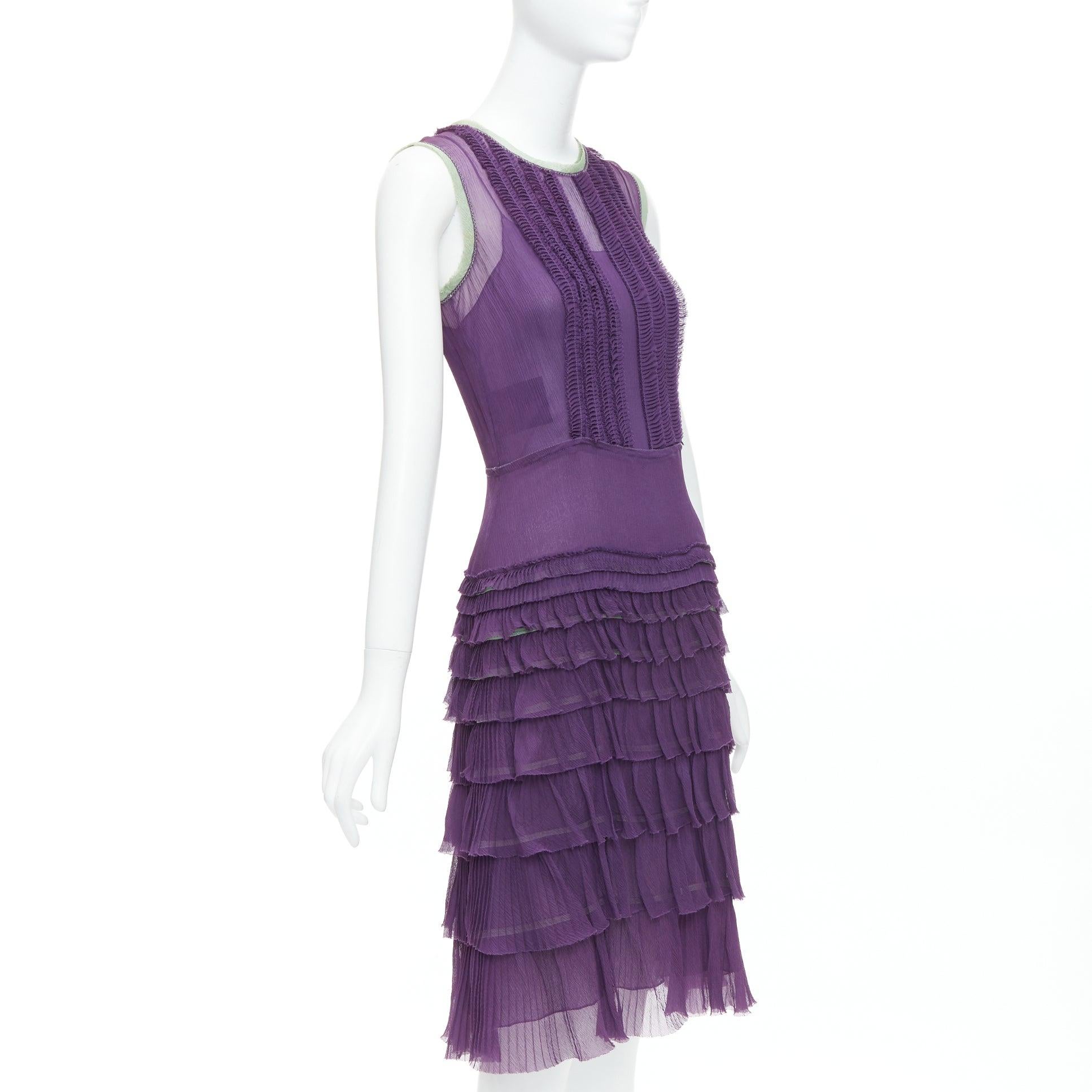 Gray PRADA Vintage 100% silk purple green trim pleated tiered dress IT38 XS