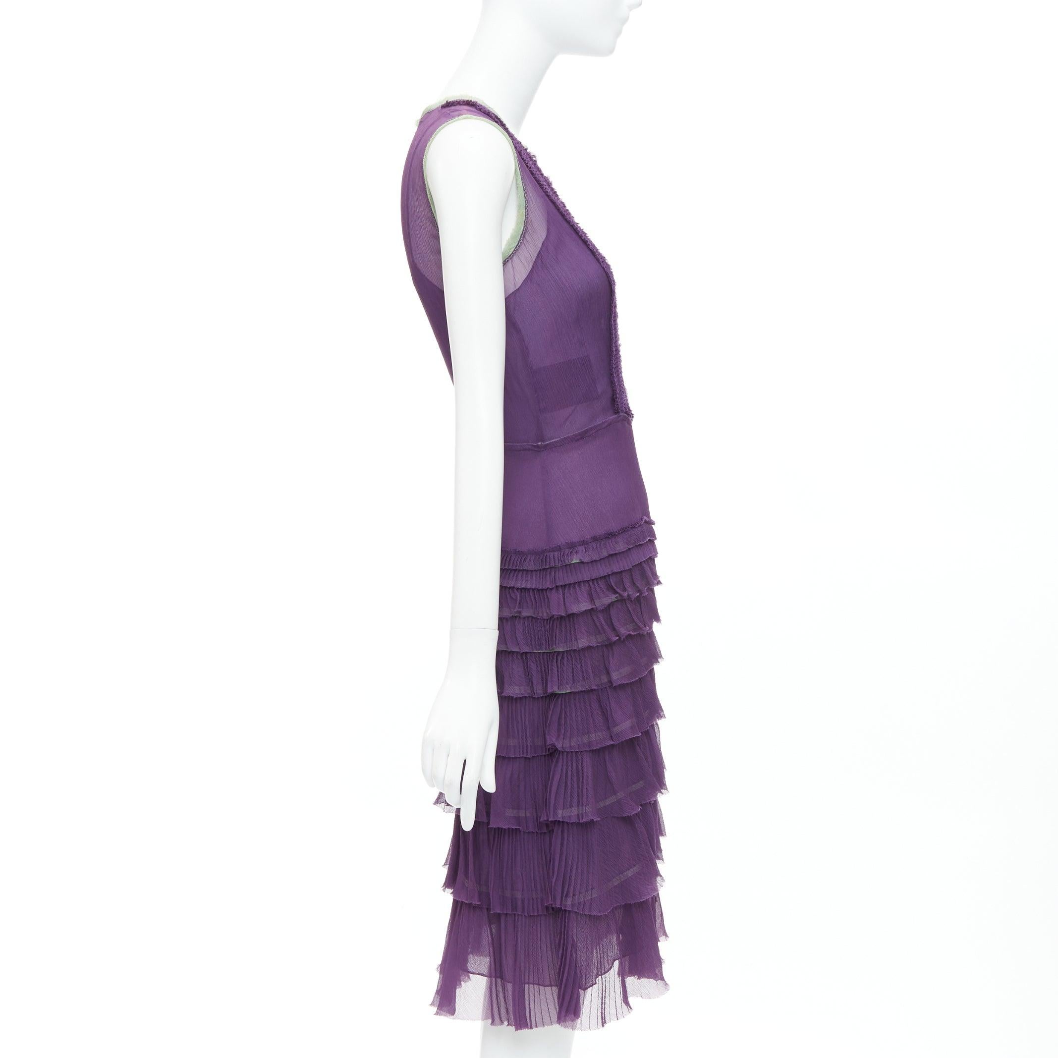 PRADA Vintage 100% silk purple green trim pleated tiered dress IT38 XS In Good Condition In Hong Kong, NT