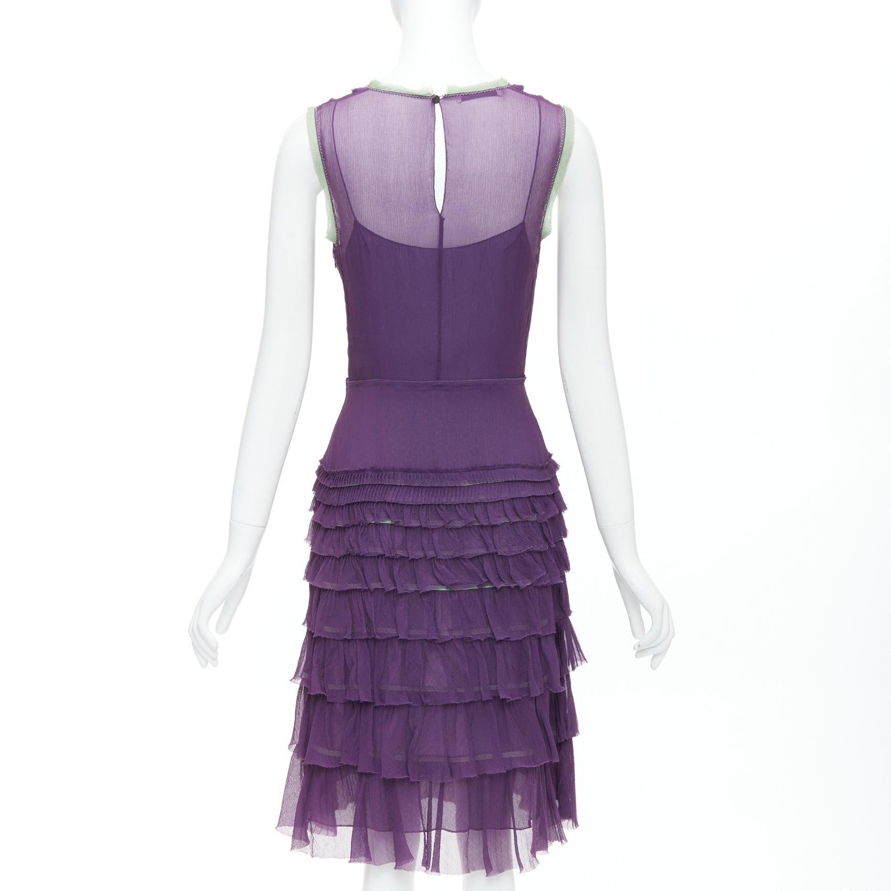 Women's PRADA Vintage 100% silk purple green trim pleated tiered dress IT38 XS