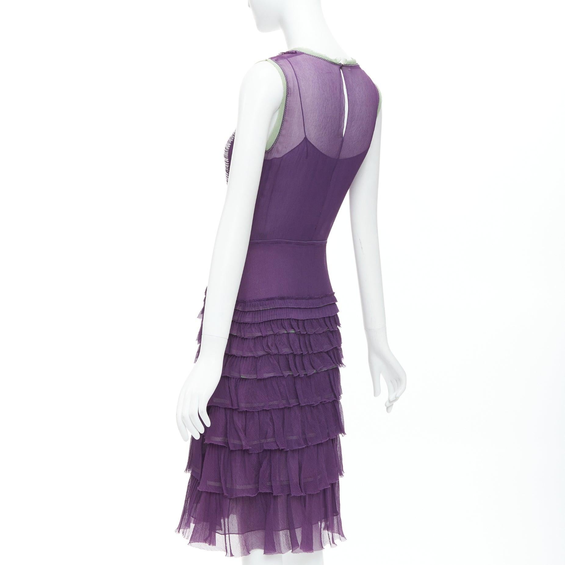 PRADA Vintage 100% silk purple green trim pleated tiered dress IT38 XS 1