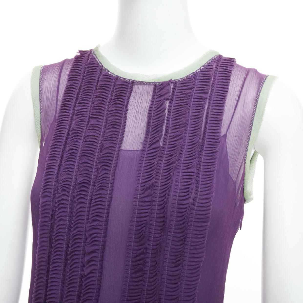 PRADA Vintage 100% silk purple green trim pleated tiered dress IT38 XS 2