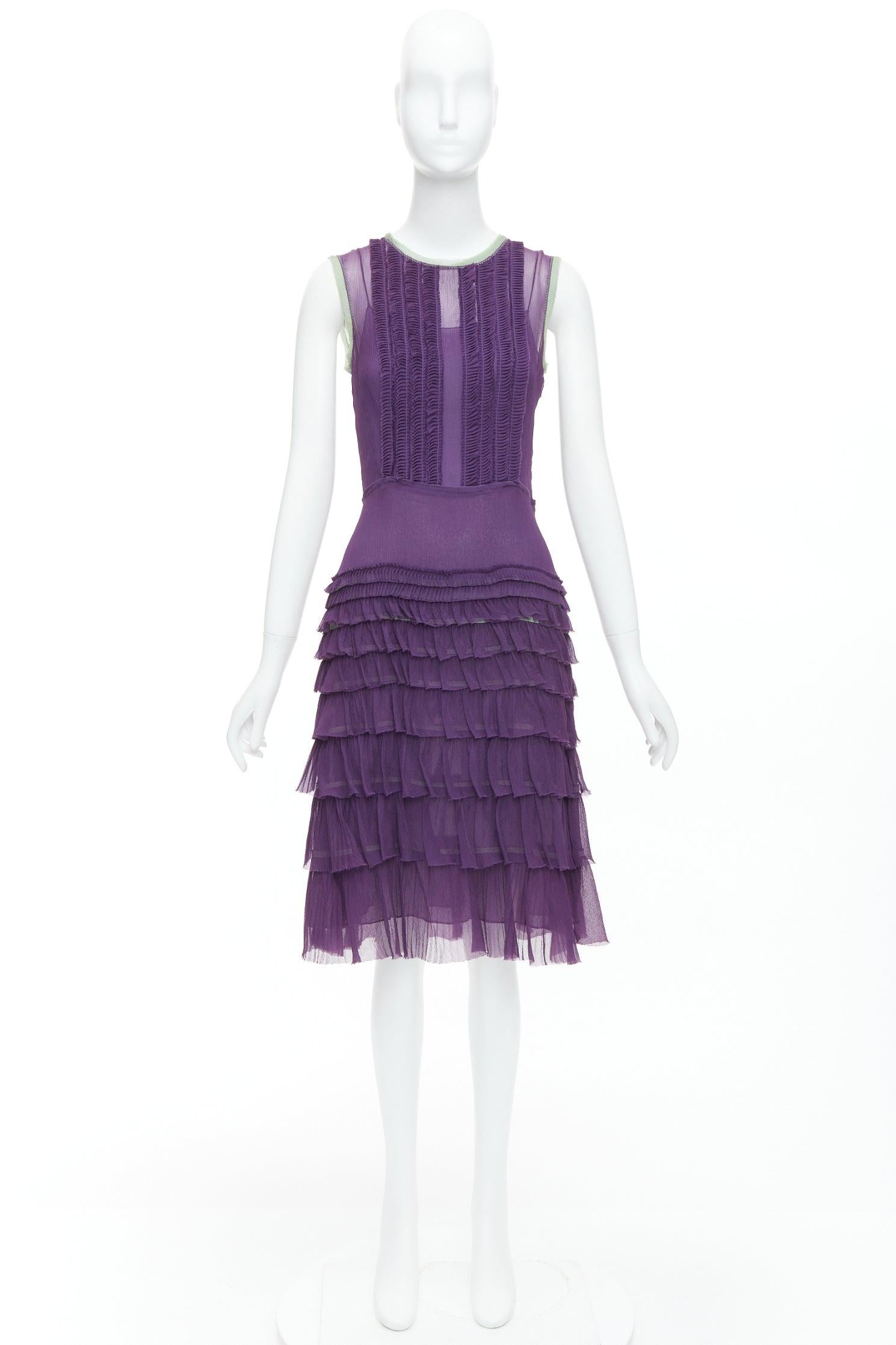 PRADA Vintage 100% silk purple green trim pleated tiered dress IT38 XS 4