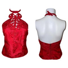 PRADA Vintage 100% rotes, von der Chinoiserie inspiriertes, rückenfreies Oberteil aus Seide