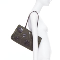 PRADA Vintage 1990s Flower navy green nylon brown floral applique shoulder bag