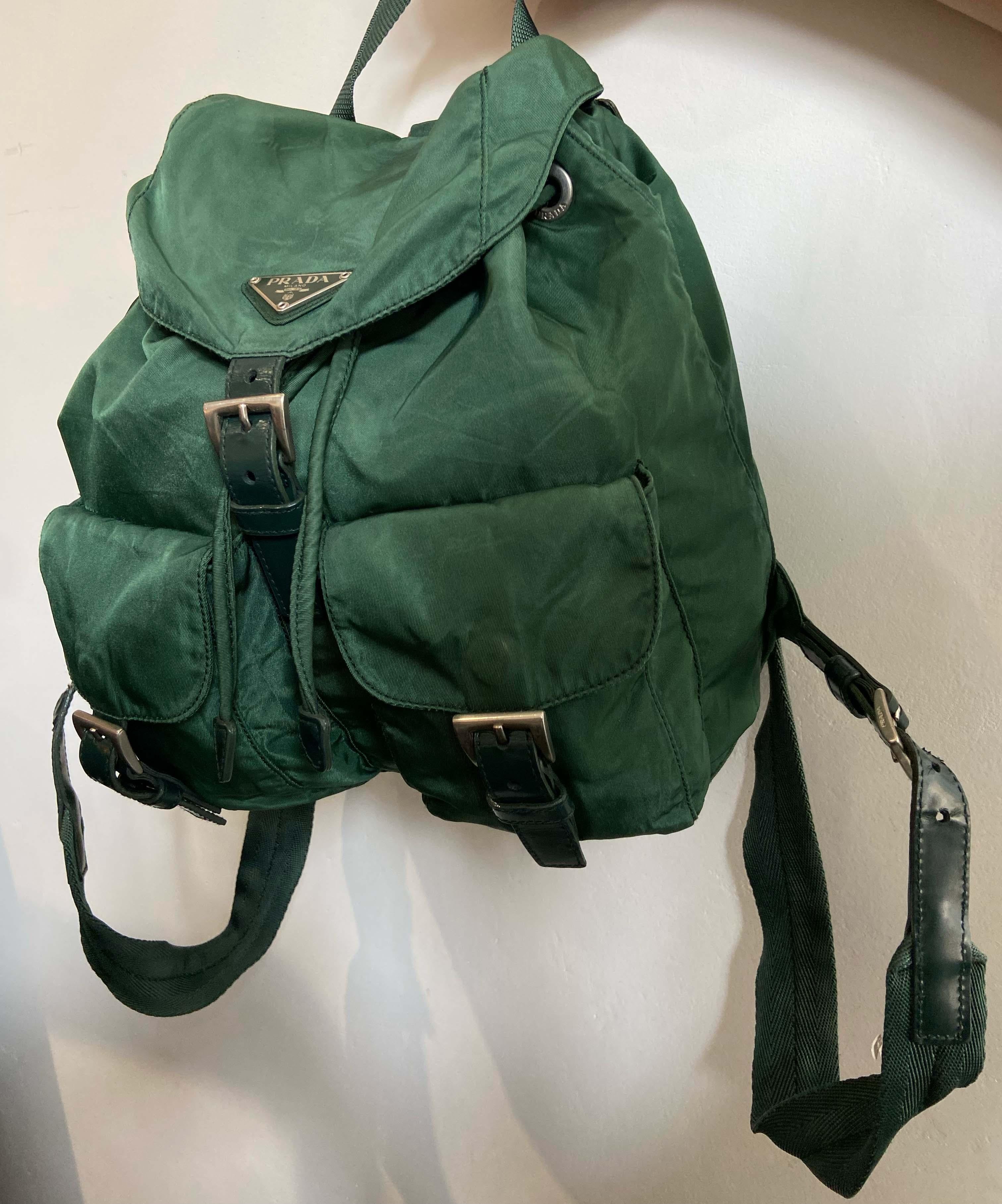 Black Prada Vintage 1990's Green Nylon Backpack For Sale