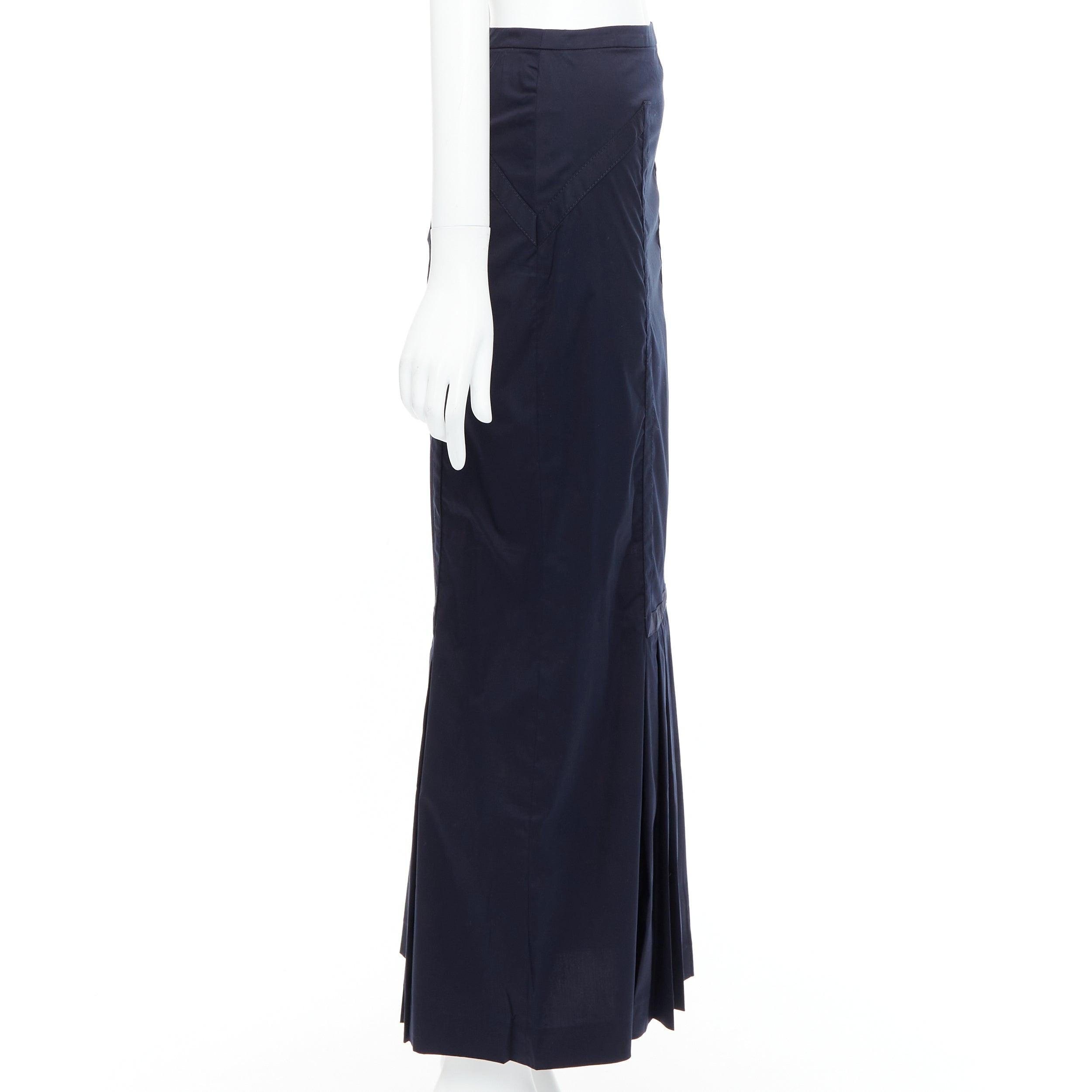 PRADA Vintage 1997 Runway navy cotton blend pleat hem pencil skirt IT40 S In Good Condition In Hong Kong, NT