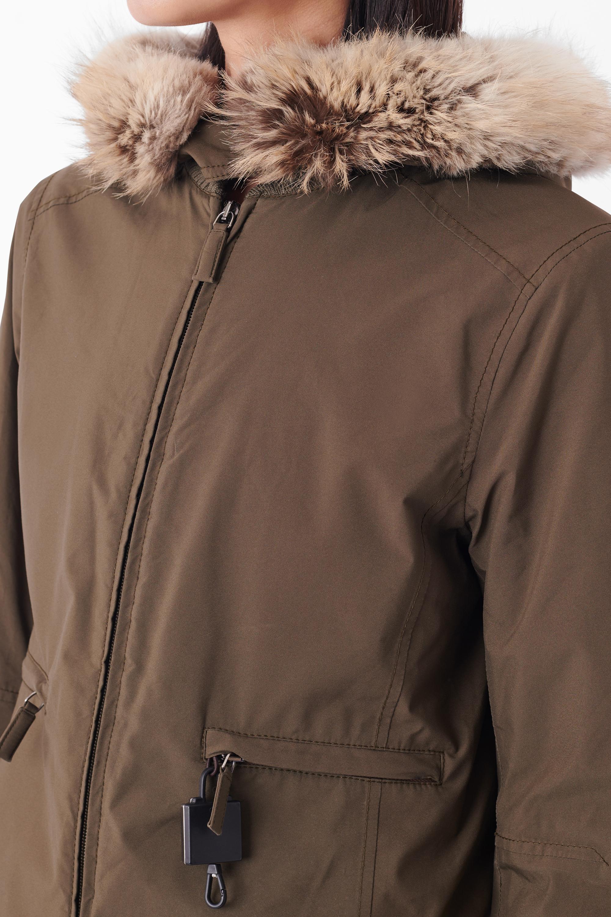 Vintage Prada circa 2000 khaki jacket. Features removable faux fur lined hood, ribbed collar, double front pockets with Prada lock hardware and zip front closure. In excellent vintage condition.

Brand: Prada
Size: UK 8
Color: Khaki
Modern Size: UK:
