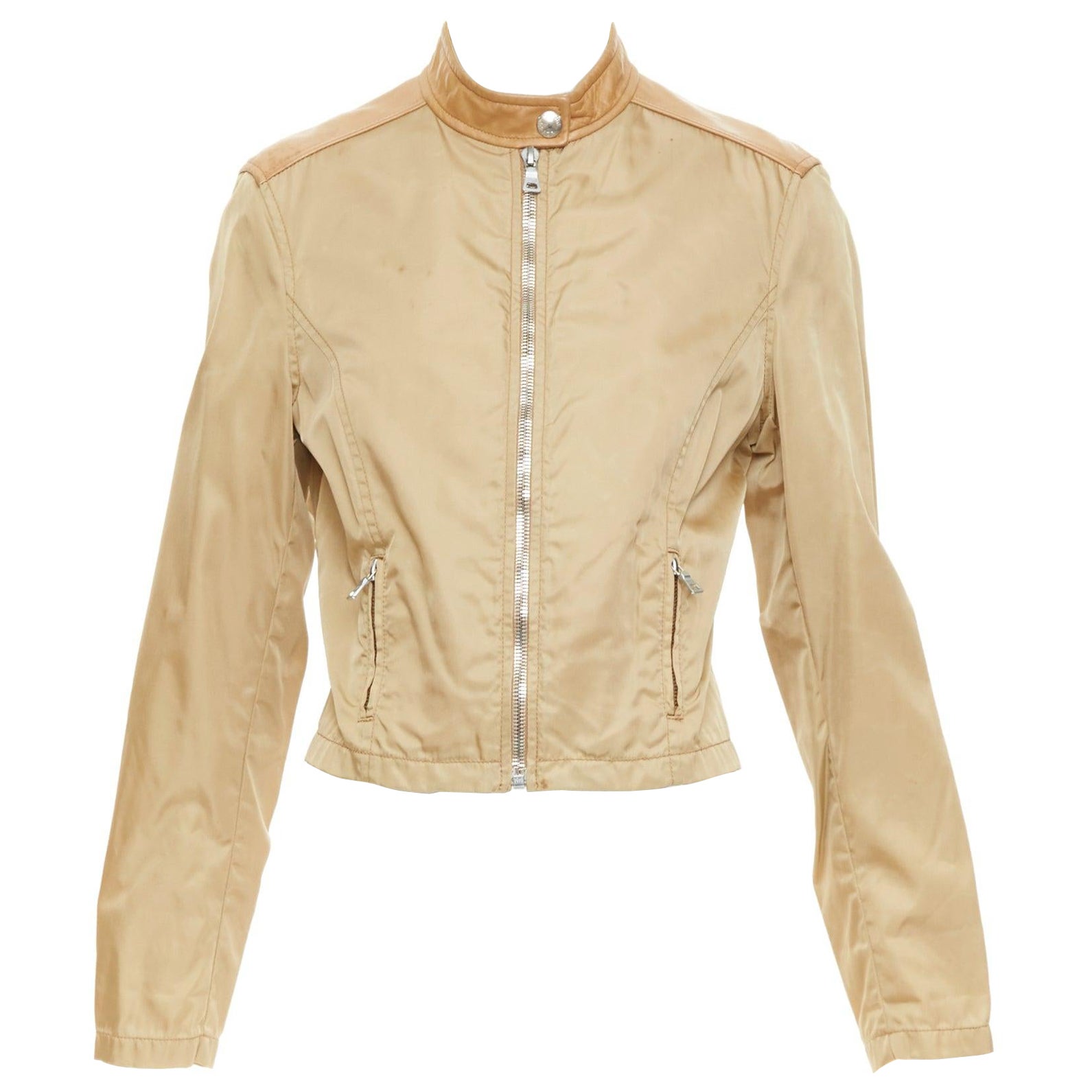 PRADA Vintage 2000's tan lambskin trim nylon moto jacket L