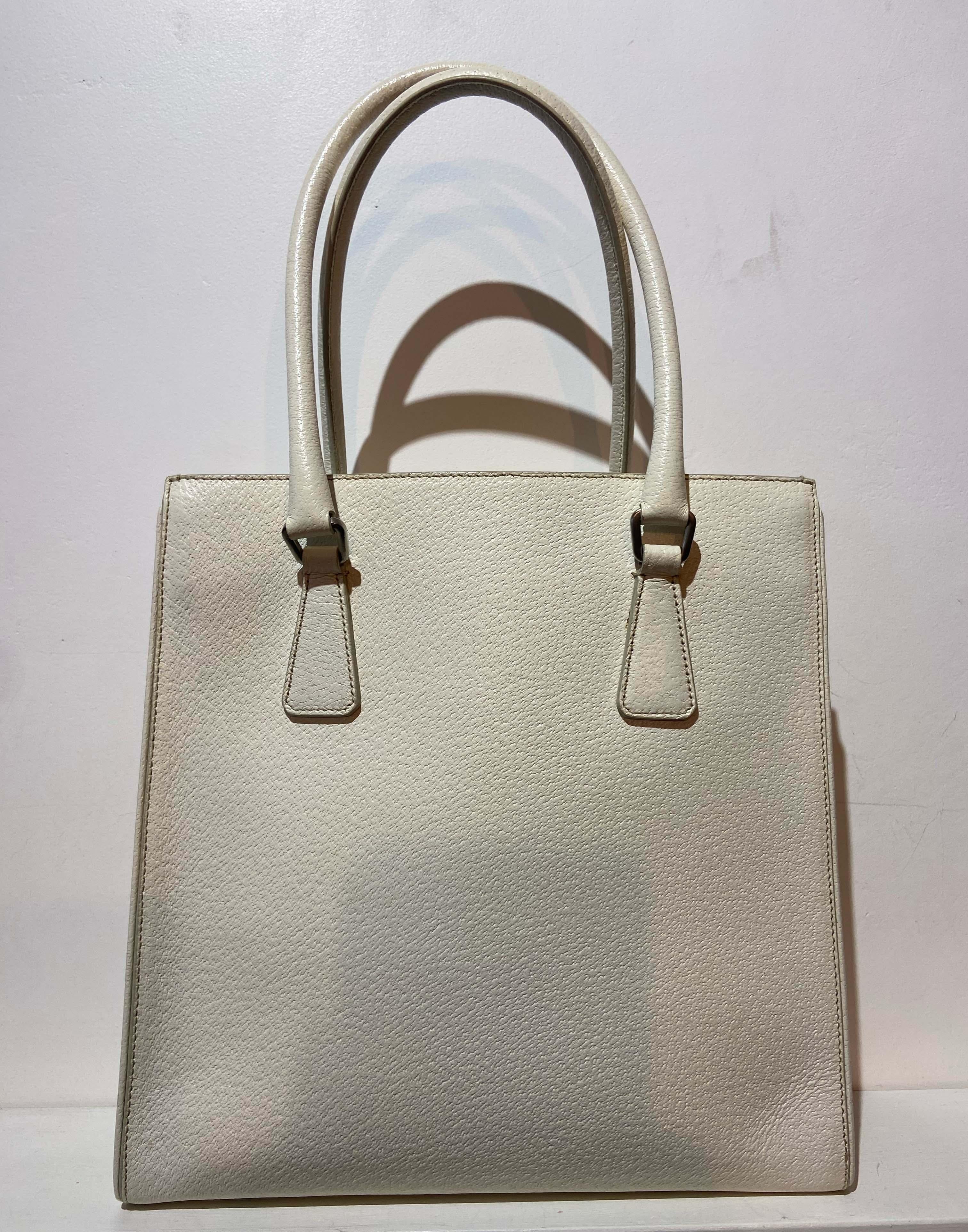 Gray Prada Vintage 2000's White Leather Tote Bag For Sale