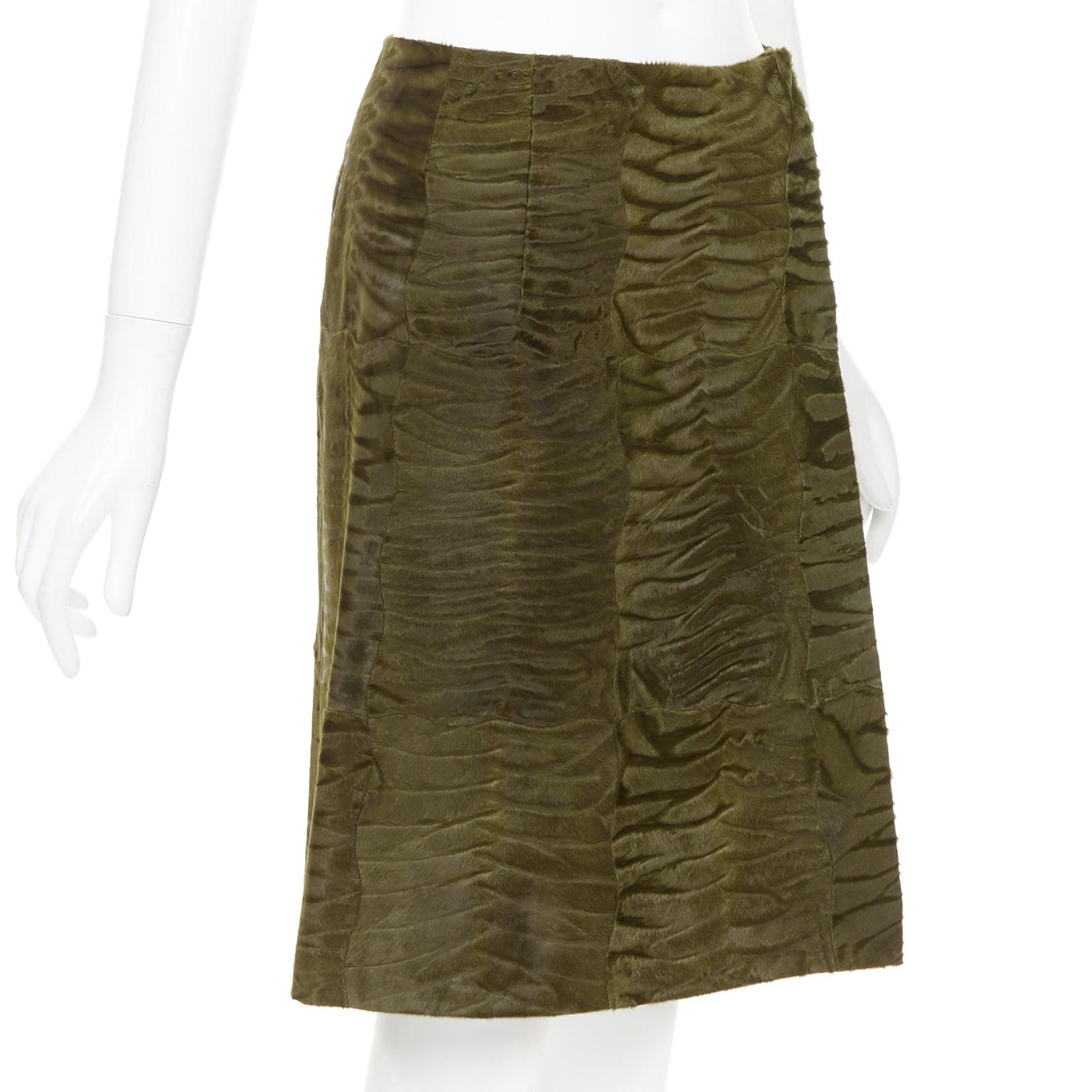 PRADA Vintage 2004 Runway moss green Persian lamb fur A-line knee skirt IT40 S Marrón en venta