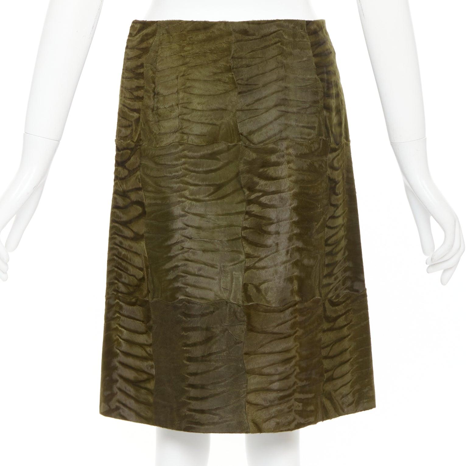 De las mujeres PRADA Vintage 2004 Runway moss green Persian lamb fur A-line knee skirt IT40 S en venta