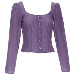 Prada Vintage anni '90, camicia in 100% seta con scollo a pallina e maniche increspate IT38 XS