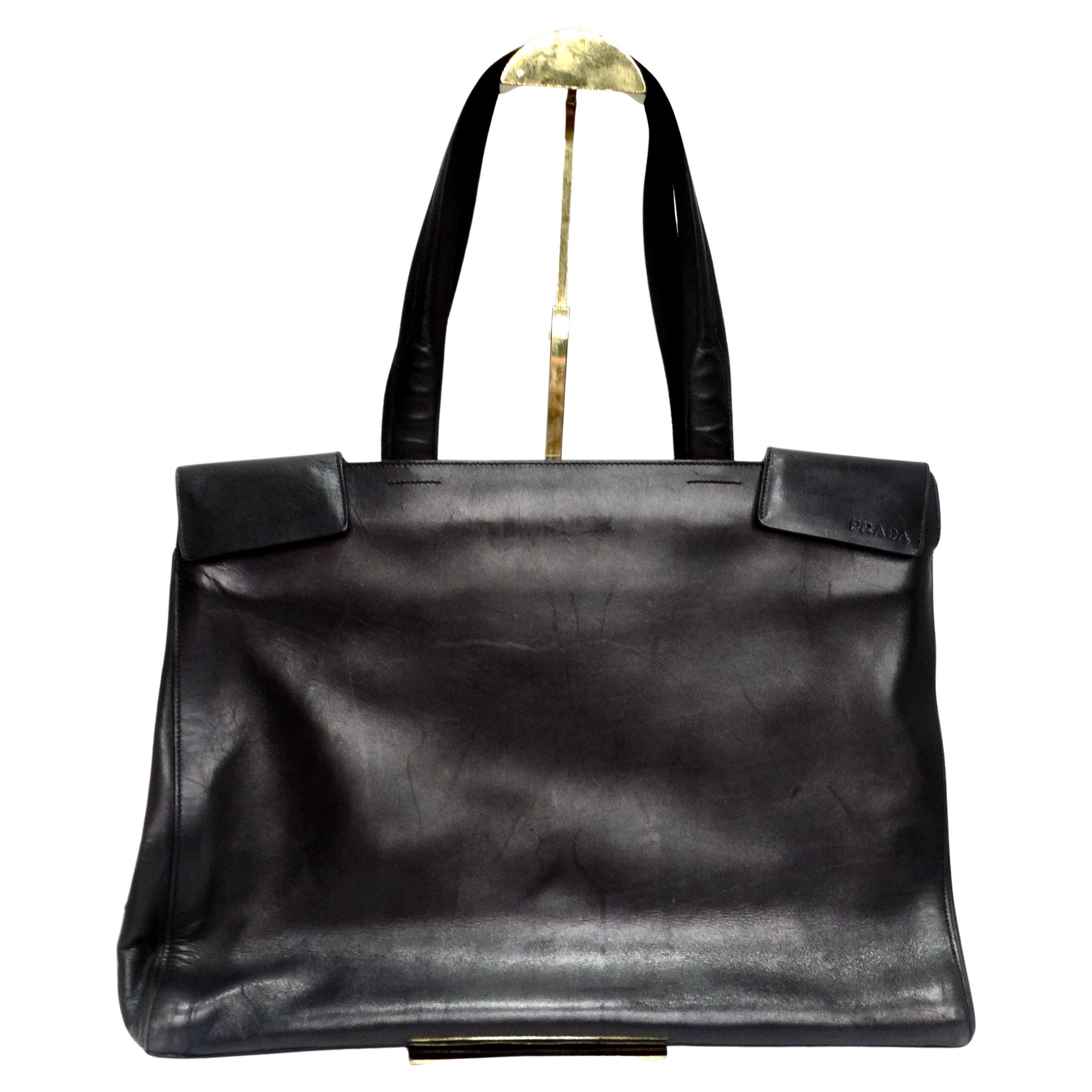Prada Vintage Black Leather Tote Bag