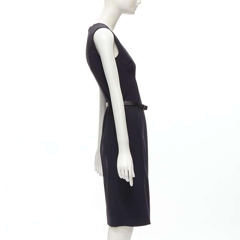 PRADA Vintage black loop leather belt Minimalist topstitched sheath dress IT40 S In Good Condition In Hong Kong, NT