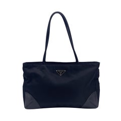 Prada Vintage Black Nylon Tessuto Triangle Logo Tote Bag Handbag