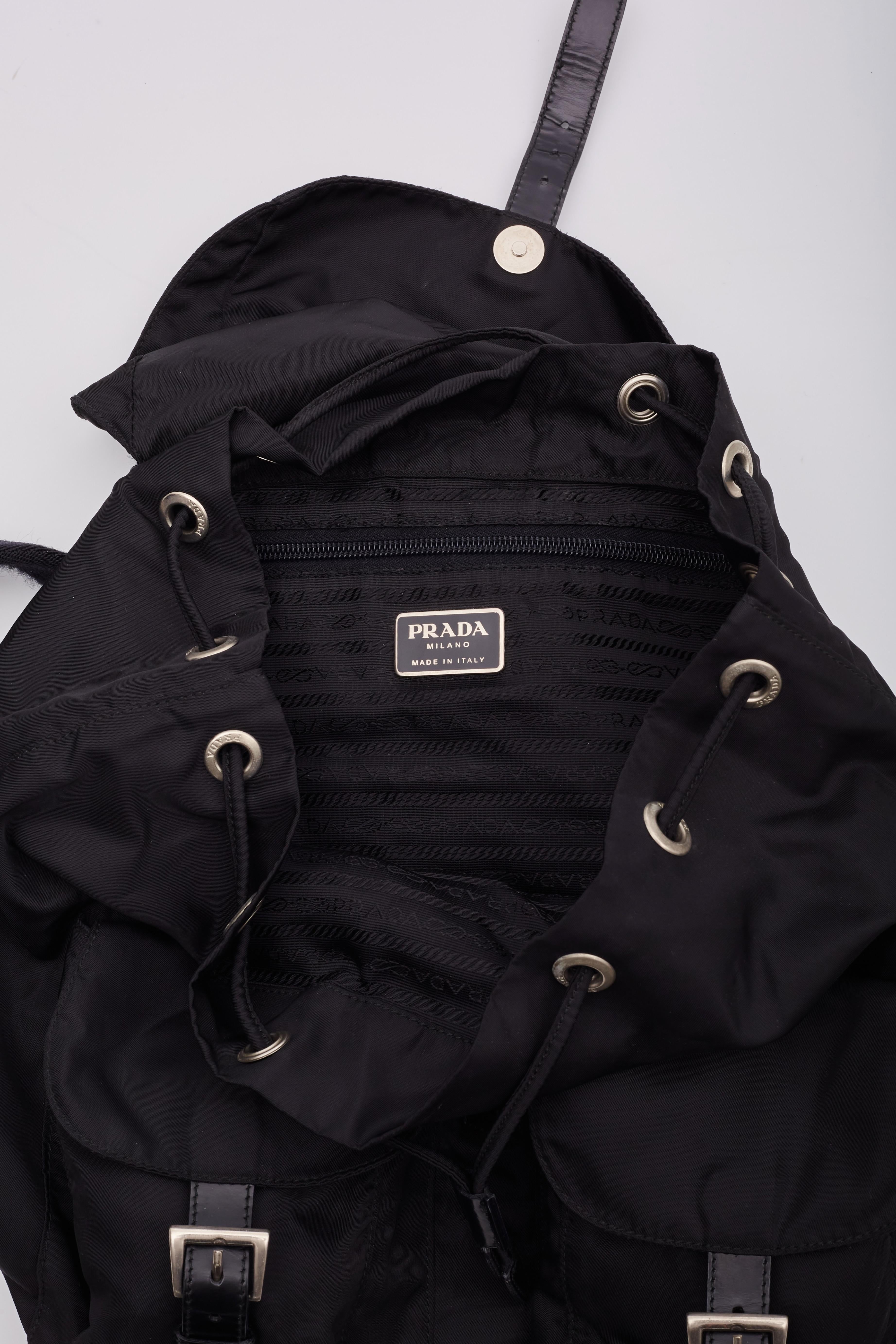 Prada Vintage Black Nylon Tessuto Two Pocket Backpack For Sale 7