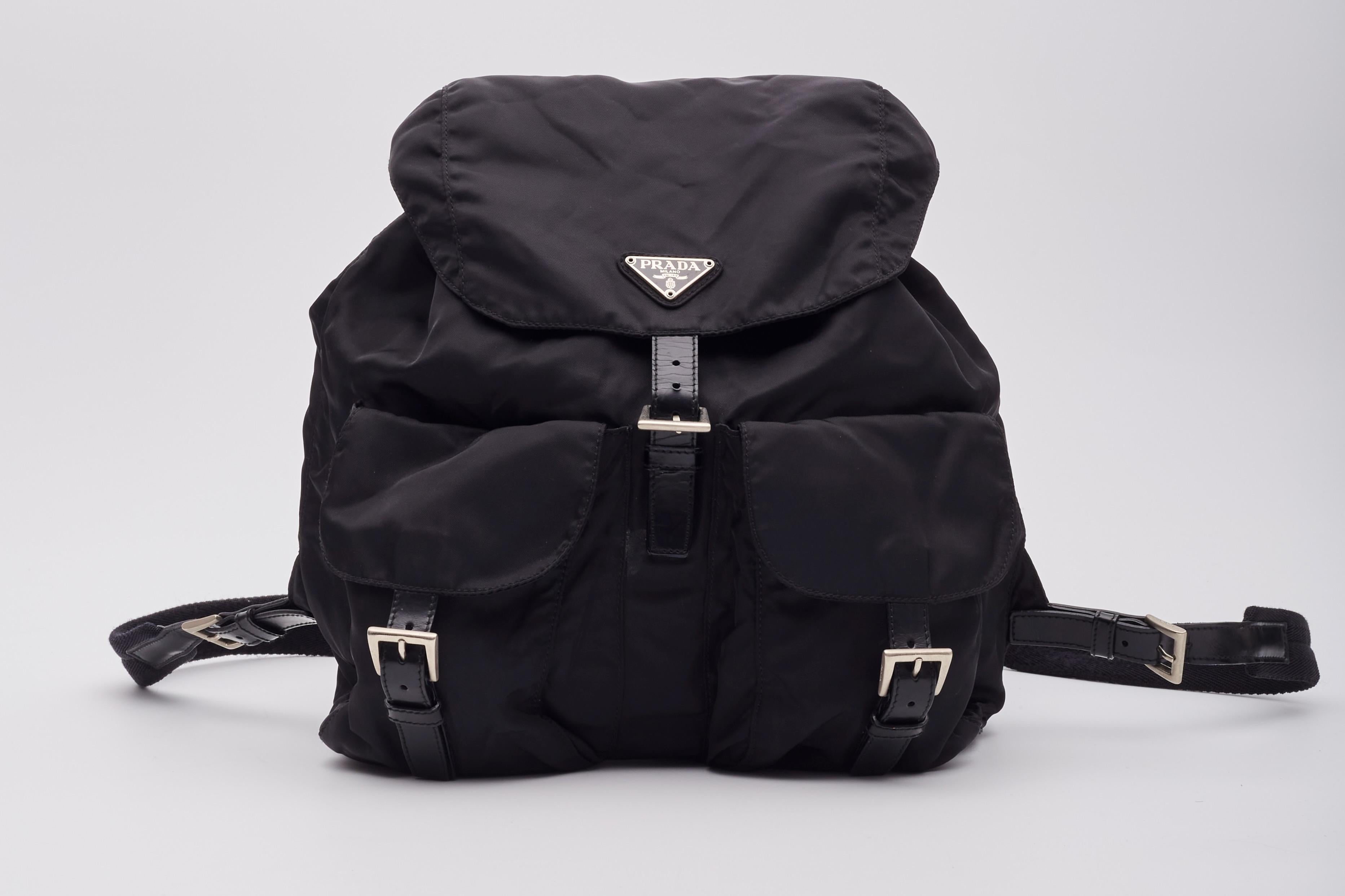 Prada Vintage Black Nylon Tessuto Two Pocket Backpack In Good Condition For Sale In Montreal, Quebec